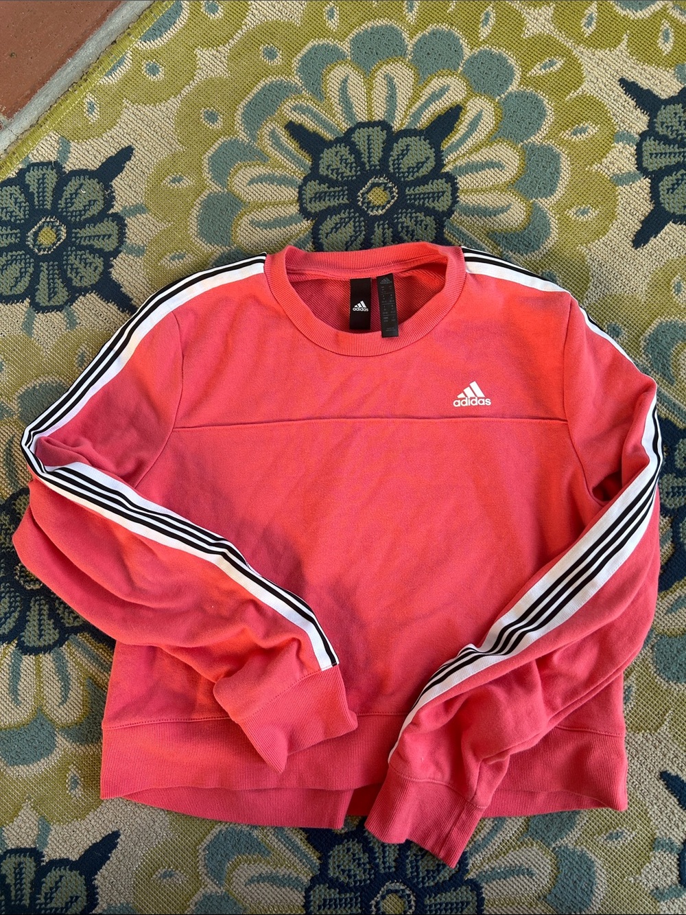 adidas Coral Pink Crewneck Sweatshirt with Black & White Sleeve Stripes